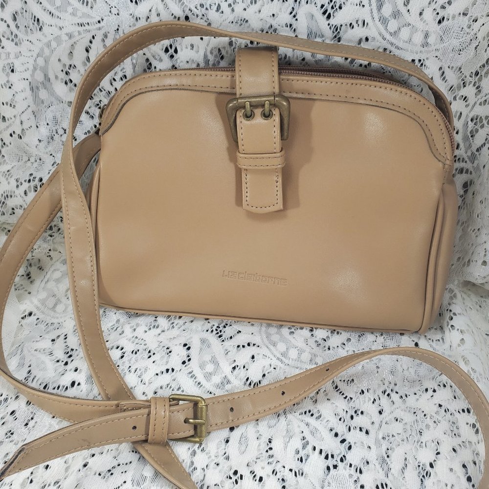 Liz Claiborne tan crossbody purse with light green fabric lining